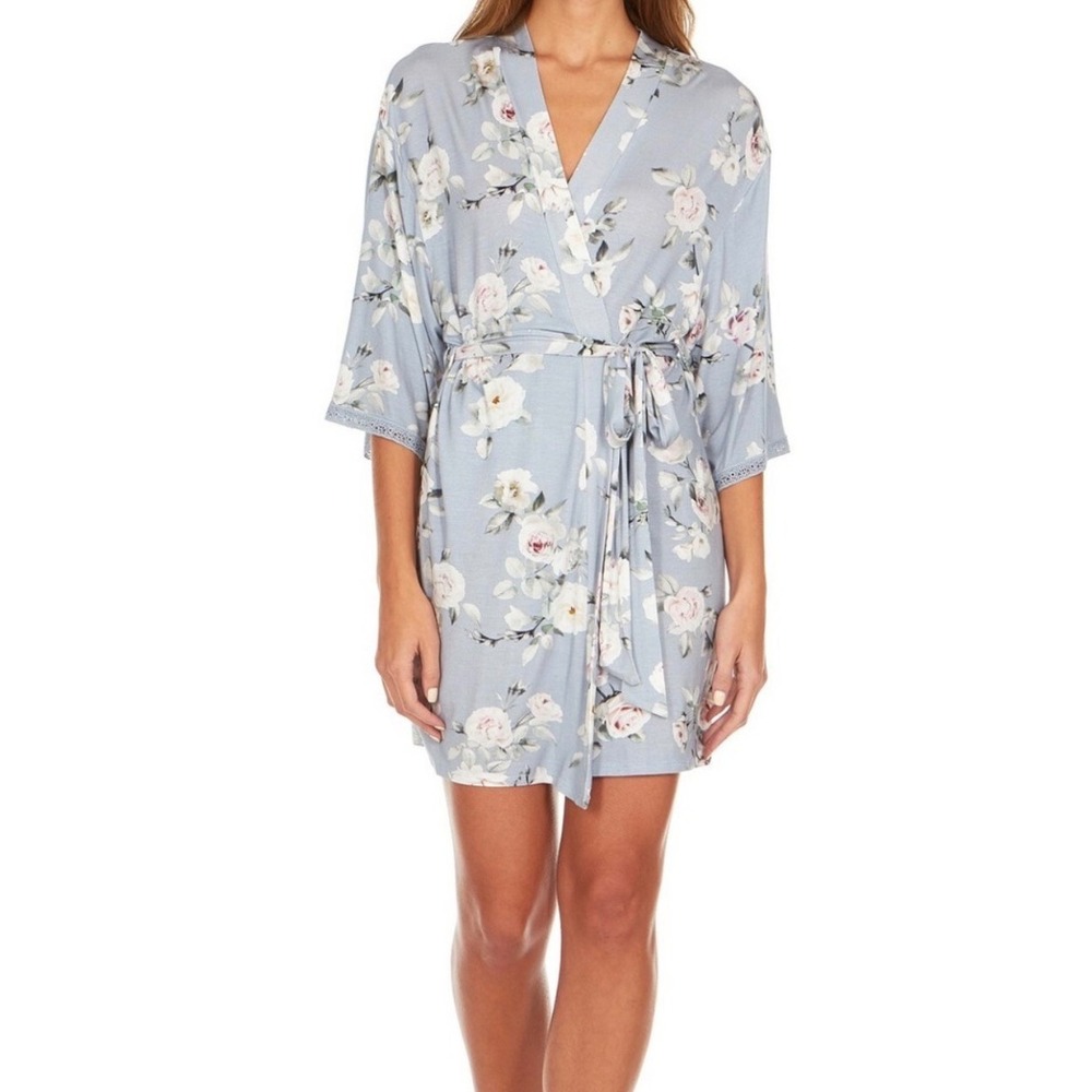 Flora by Flora Nikrooz Womens Gray Floral Lace Trim Wrap Robe 3X  NEW